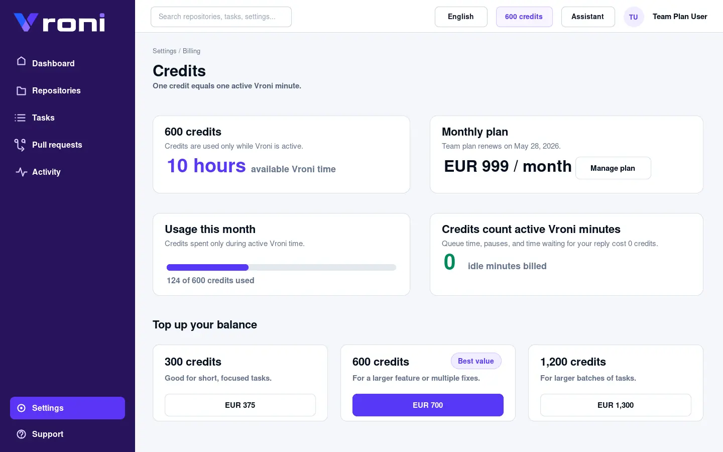 Vroni credits and top-ups screenshot