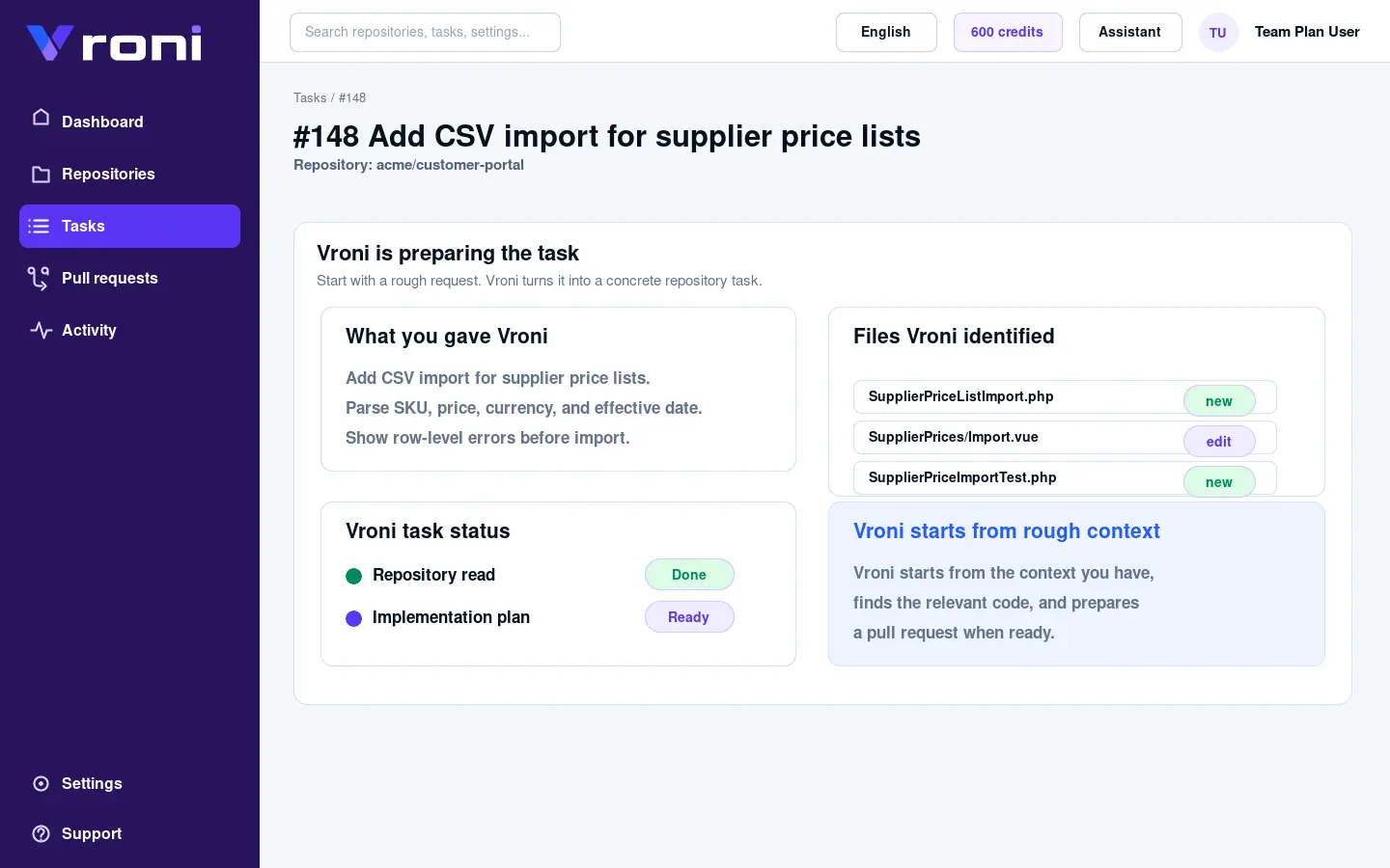 Vroni task planning screenshot